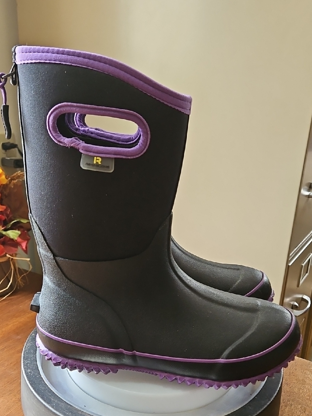 Women's Black Winter Rain Boots with Purple Trim